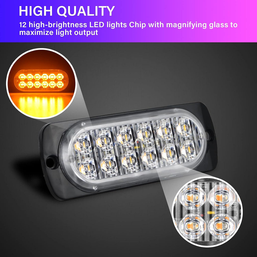 PICAA 2 Piezas Luces De Advertencia De Emergencia De Ámbar De 12 LED, Barra De Luz Estroboscópica Intermitente Peligro 12V 24V Para Coche Offroad Camión