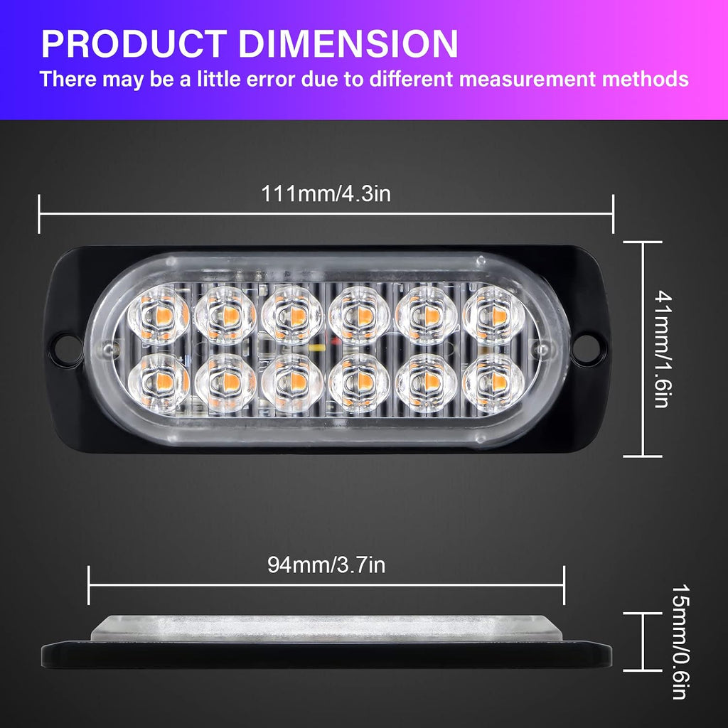 PICAA 2 Piezas Luces De Advertencia De Emergencia De Ámbar De 12 LED, Barra De Luz Estroboscópica Intermitente Peligro 12V 24V Para Coche Offroad Camión