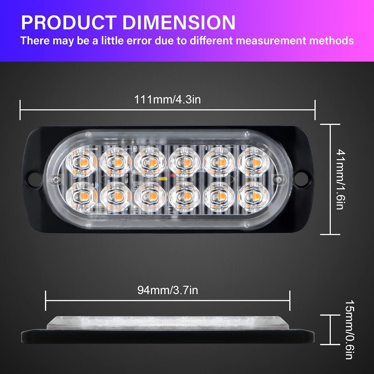 PICAA 2 Piezas Luces De Advertencia De Emergencia De Ámbar De 12 LED, Barra De Luz Estroboscópica Intermitente Peligro 12V 24V Para Coche Offroad Camión