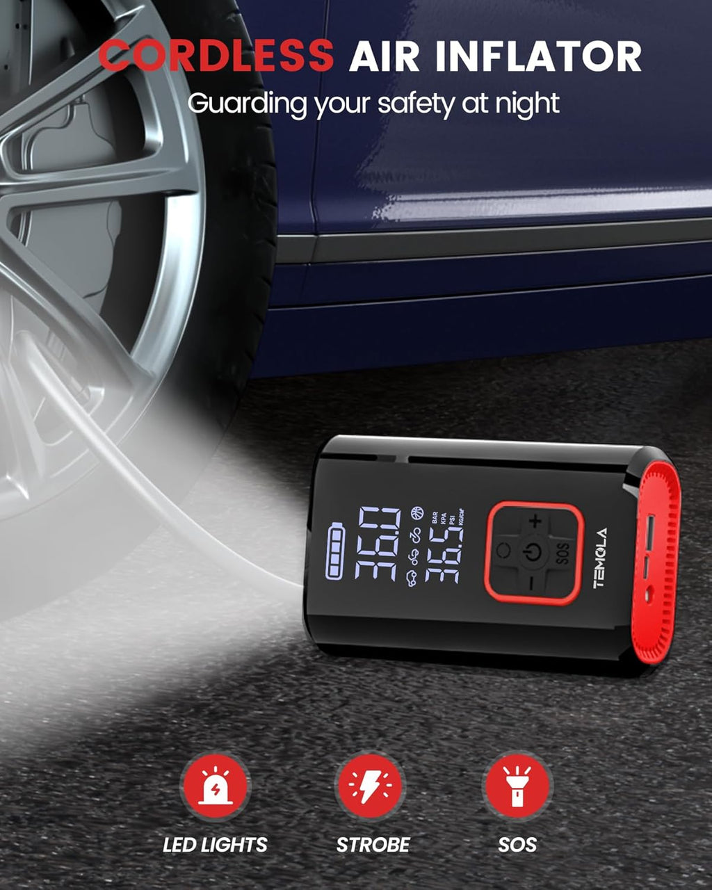 TEMOLA Compresor Aire Coche Portatil, DC 12V Mini Bomba De Aire, 150PSI Inflador Ruedas Coche De Coche Con Manómetro Digital, Luz LED Para Neumáticos De Coche, Motocicleta,