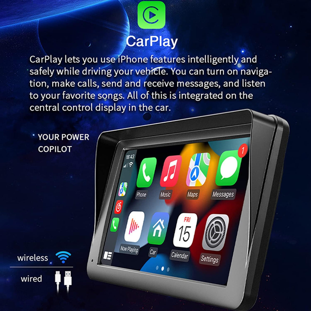 Compatible for Inalámbrico Carplay Android Auto 7" Portátil Estéreo Auto Monitor De Pantalla Táctil HD Radio Para Automóvil Con Bluetooth Mirrorlink Transmisor FM Puerto De Tarjeta AUX/USB/TF