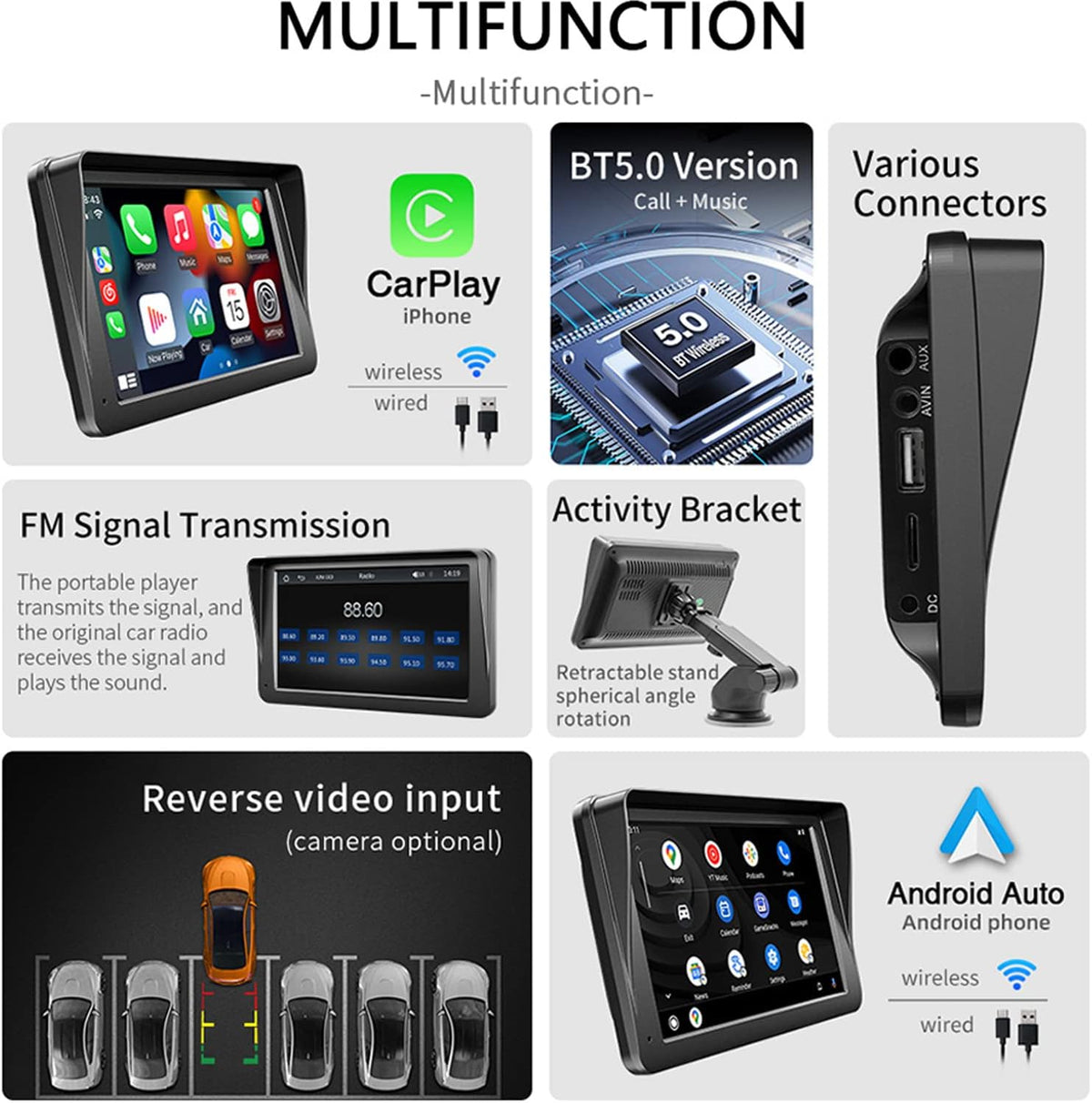 Compatible for Inalámbrico Carplay Android Auto 7" Portátil Estéreo Auto Monitor De Pantalla Táctil HD Radio Para Automóvil Con Bluetooth Mirrorlink Transmisor FM Puerto De Tarjeta AUX/USB/TF