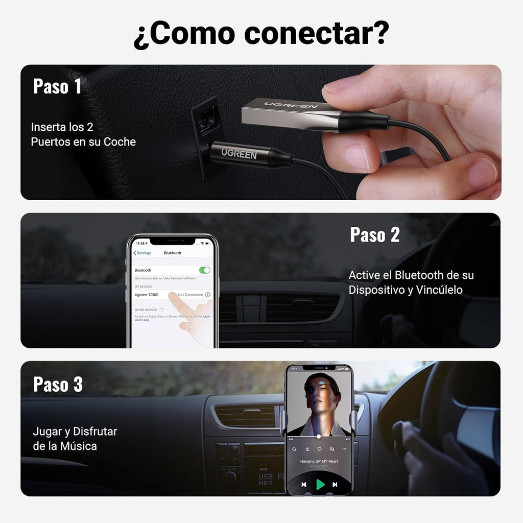 UGREEN Receptor Bluetooth 6.0 Jack AUX Adaptador USB Bluetooth Coche Gris