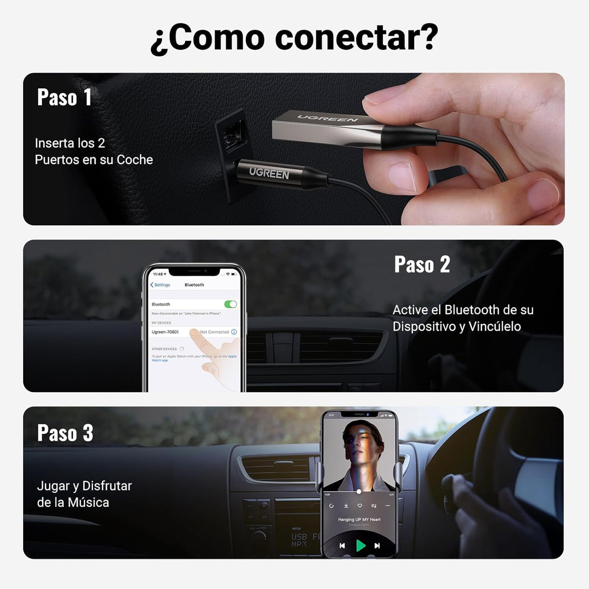 UGREEN Receptor Bluetooth 6.0 Jack AUX Adaptador USB Bluetooth Coche Gris