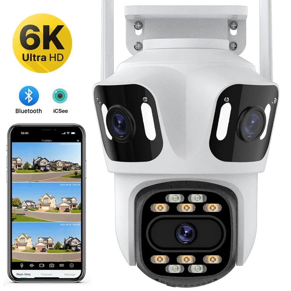 Cámara de seguridad WiFi para exteriores de 6K HD con tres lentes