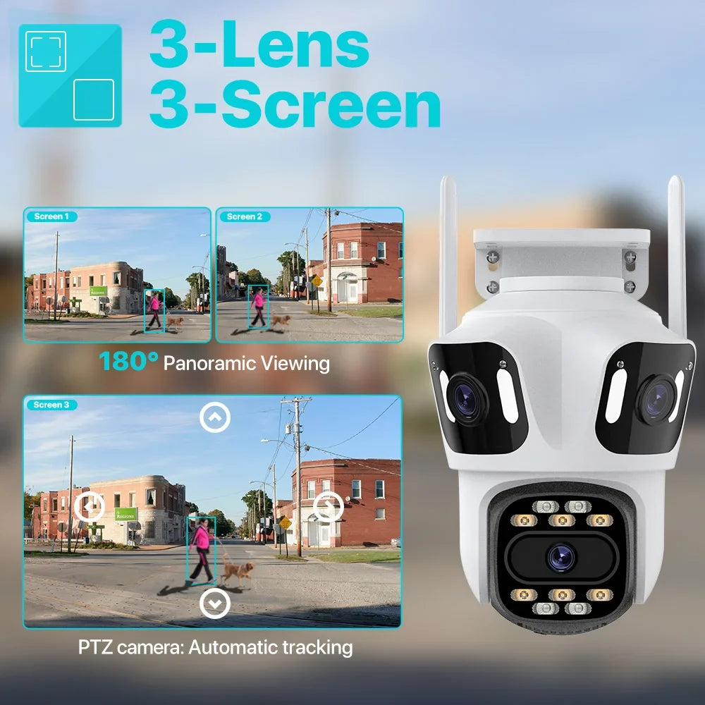 Cámara de seguridad WiFi para exteriores de 6K HD con tres lentes