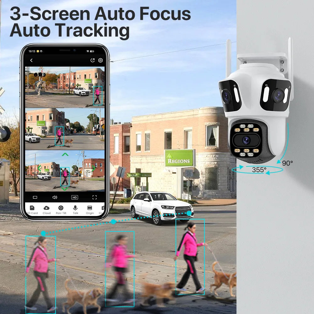 Cámara de seguridad WiFi para exteriores de 6K HD con tres lentes