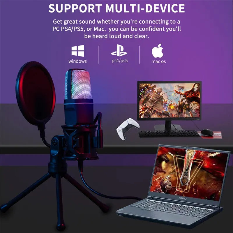 Micrófono gaming USB RGB para podcast y streaming