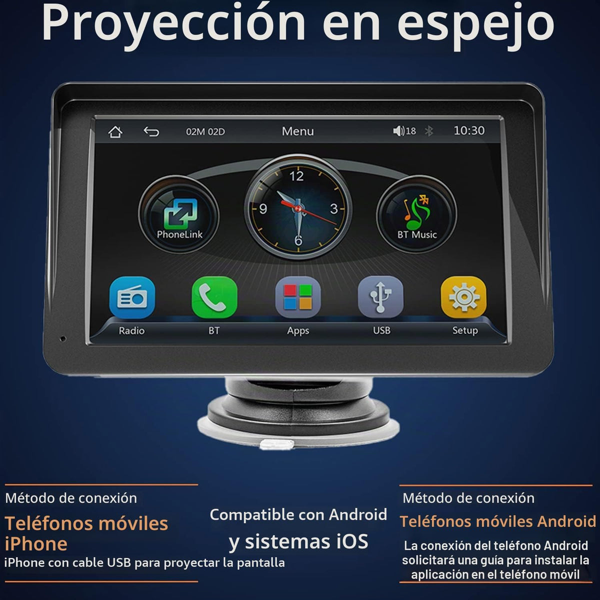 Compatible for Inalámbrico Carplay Android Auto 7" Portátil Estéreo Auto Monitor De Pantalla Táctil HD Radio Para Automóvil Con Bluetooth Mirrorlink Transmisor FM Puerto De Tarjeta AUX/USB/TF