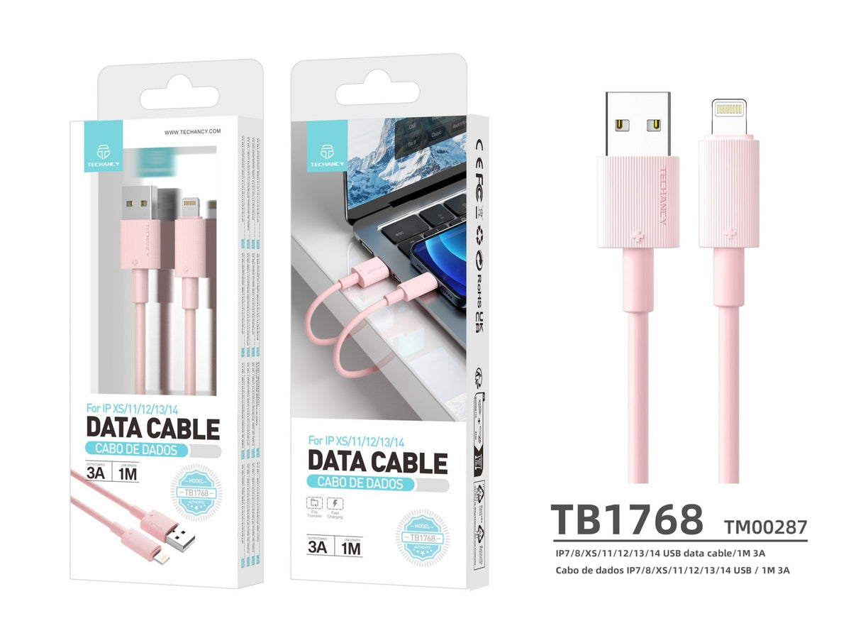 Cable de datos USB a Lightning Techancy rosa TB1768, longitud 1 m, soporta corriente de 3 A y transferencia de datos de 480 Mbps