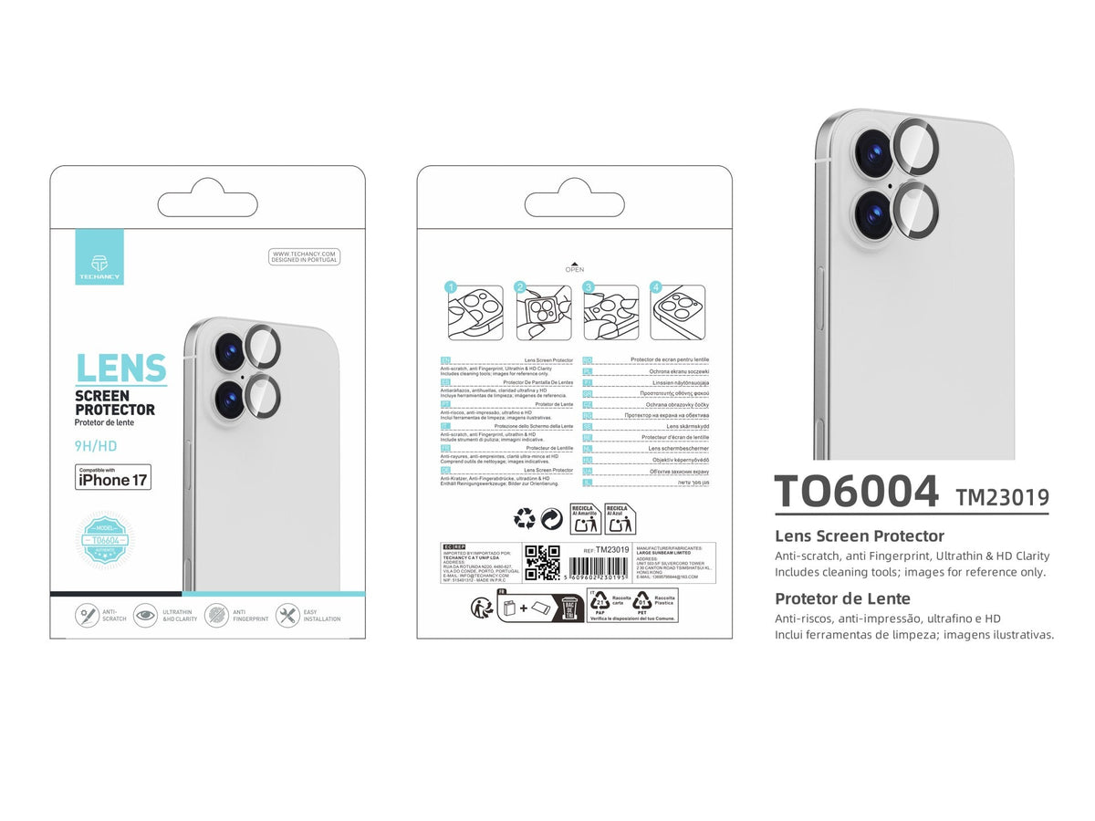 Techancy Protector de Lente para iPhone 17 TO6004 9H Ultrafino Alta Definición Antirrayas Antihuellas Transparente