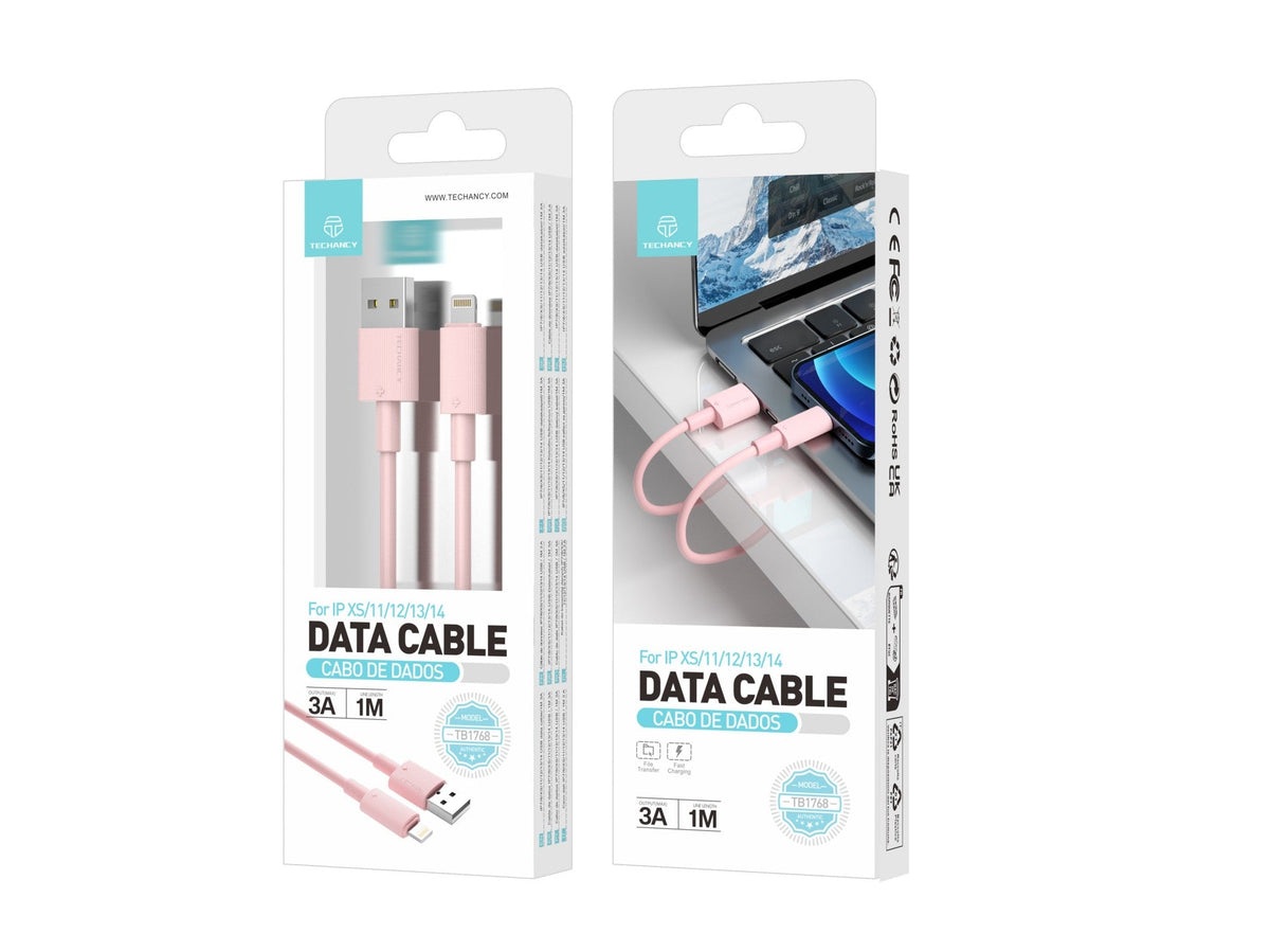 Cable de datos USB a Lightning Techancy rosa TB1768, longitud 1 m, soporta corriente de 3 A y transferencia de datos de 480 Mbps