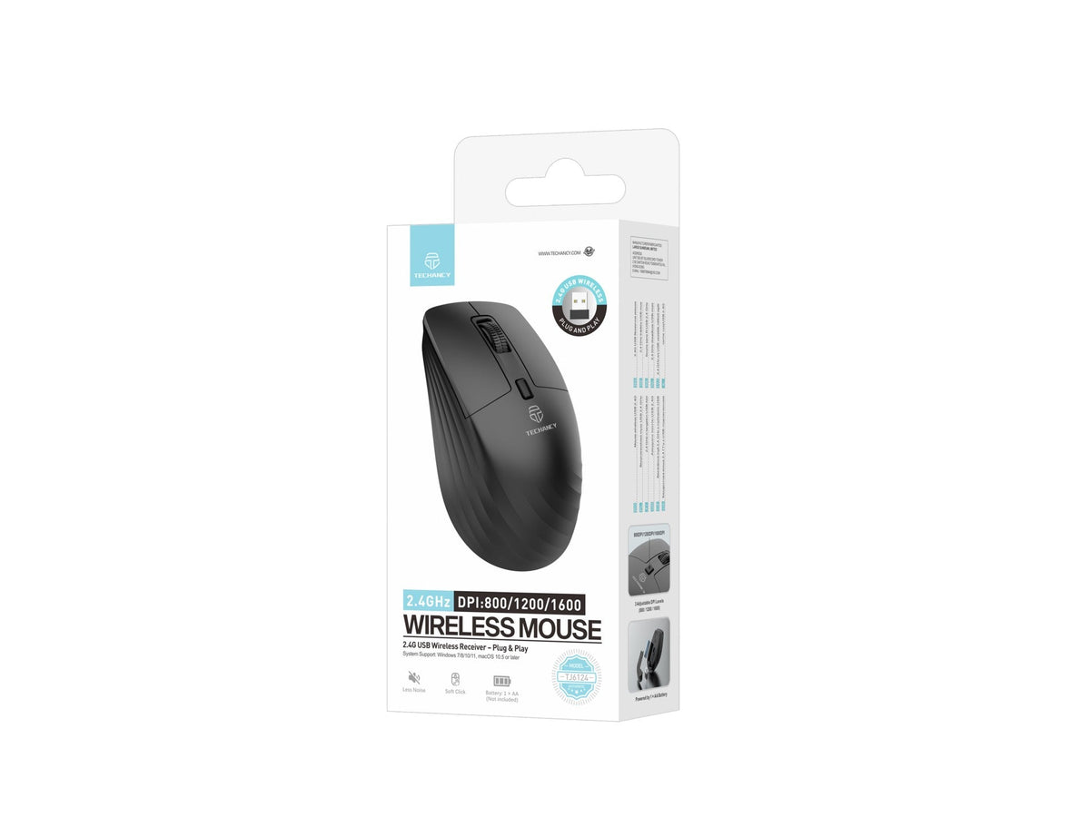 Ratón Inalámbrico Techancy 2.4G TJ6124 con Receptor USB, Plug and Play, Botones Silenciosos, DPI 800/1200/1600, Negro