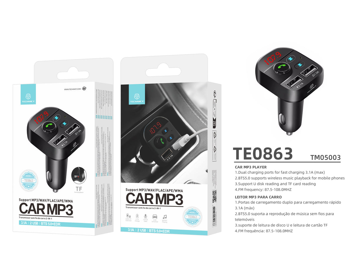 Reproductor MP3 para coche Techancy negro TE0863, carga rápida de 3,1 A, conexión FM+Bluetooth, entrada 12-24 V