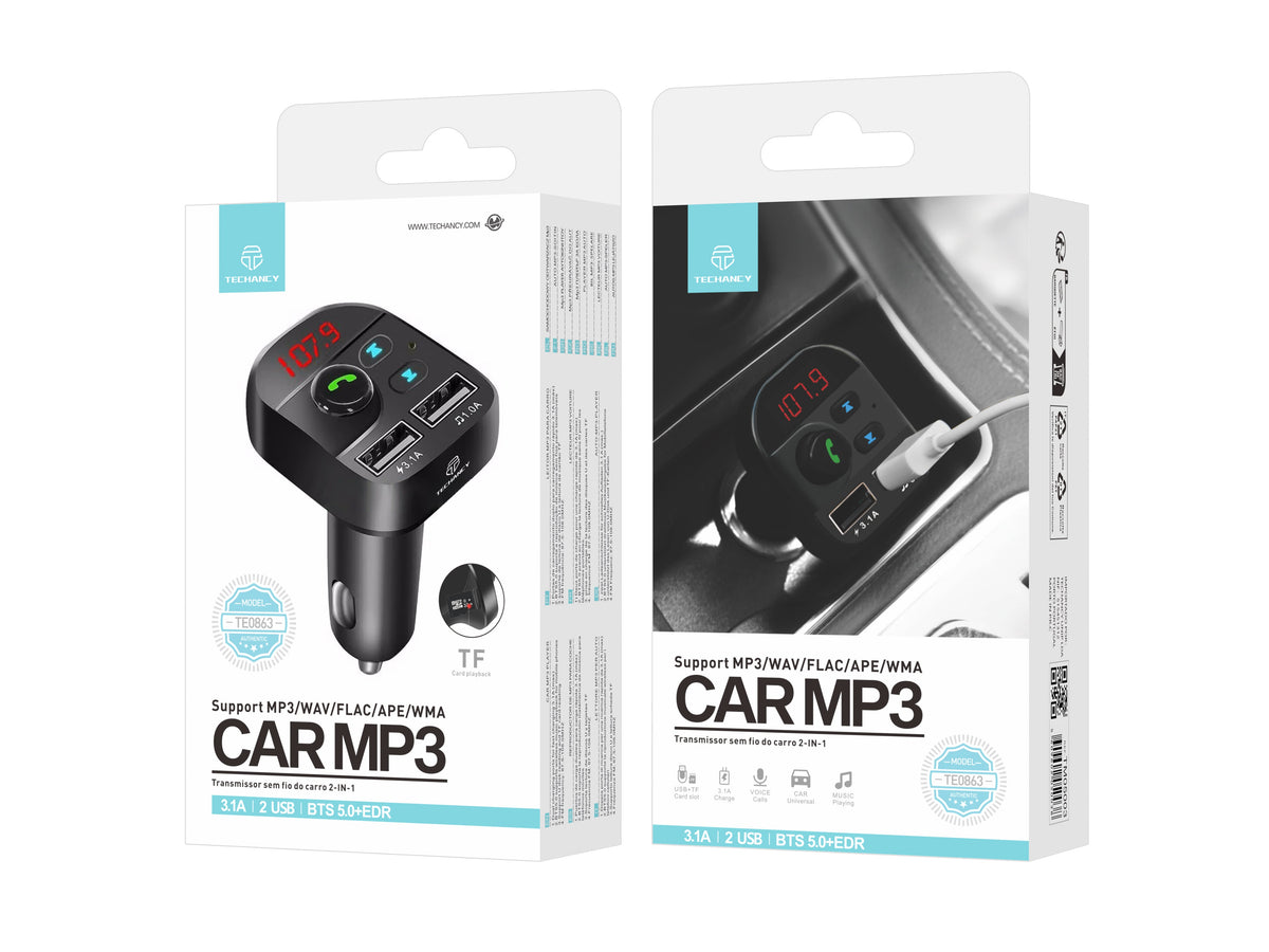 Reproductor MP3 para coche Techancy negro TE0863, carga rápida de 3,1 A, conexión FM+Bluetooth, entrada 12-24 V