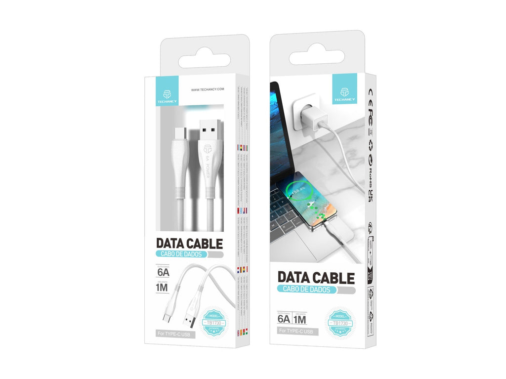 Cable de Datos de Carga Superrápida Techancy 6A Blanco TB1730, Puerto USB Tipo C, 1 M de longitud, Carga Rápida